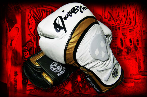 White/Gold HAMMER Muay Thai glove.